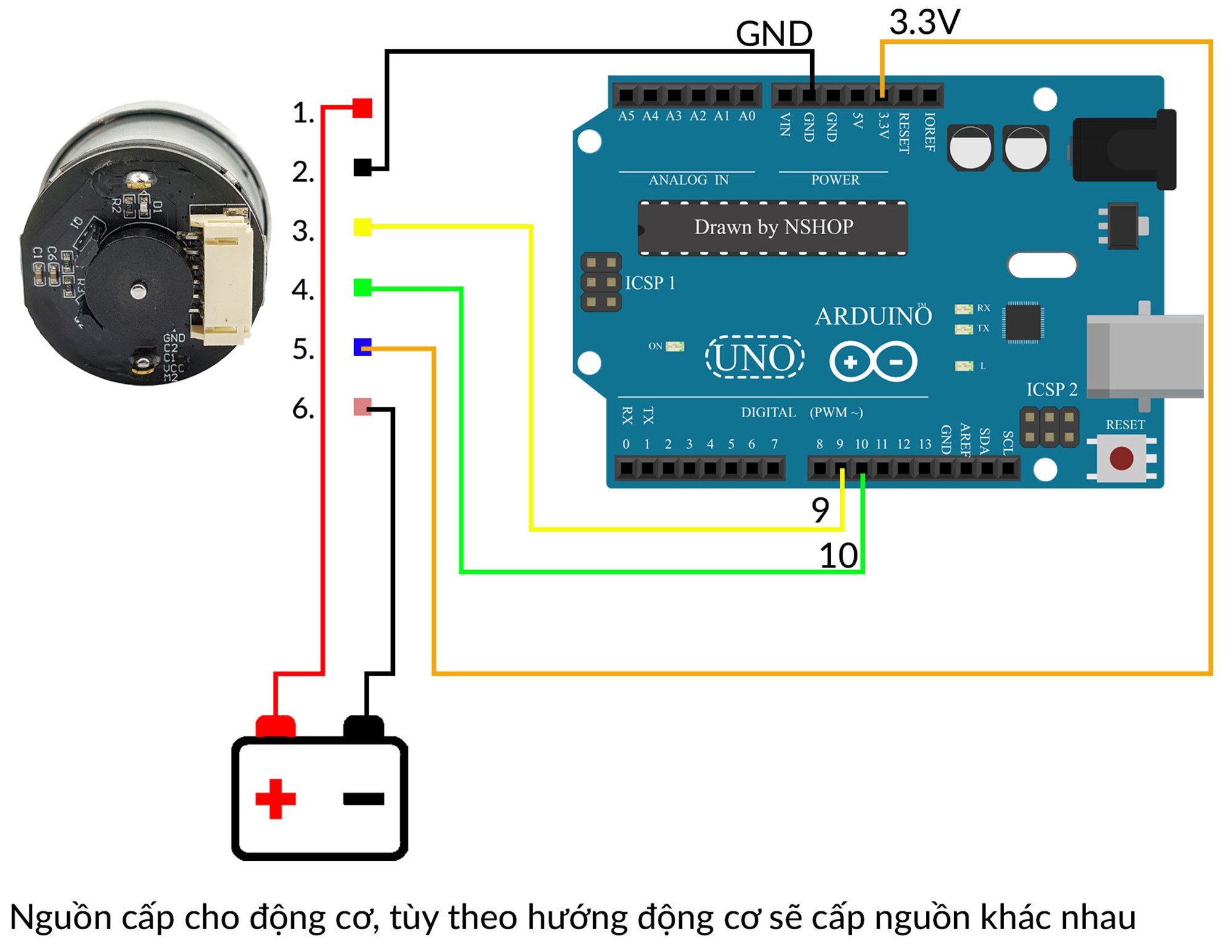 Sơ đồ kết nối tham khảo hệ thống điều khiển động cơ DC GA25 Encoder với vi điều khiển và driver