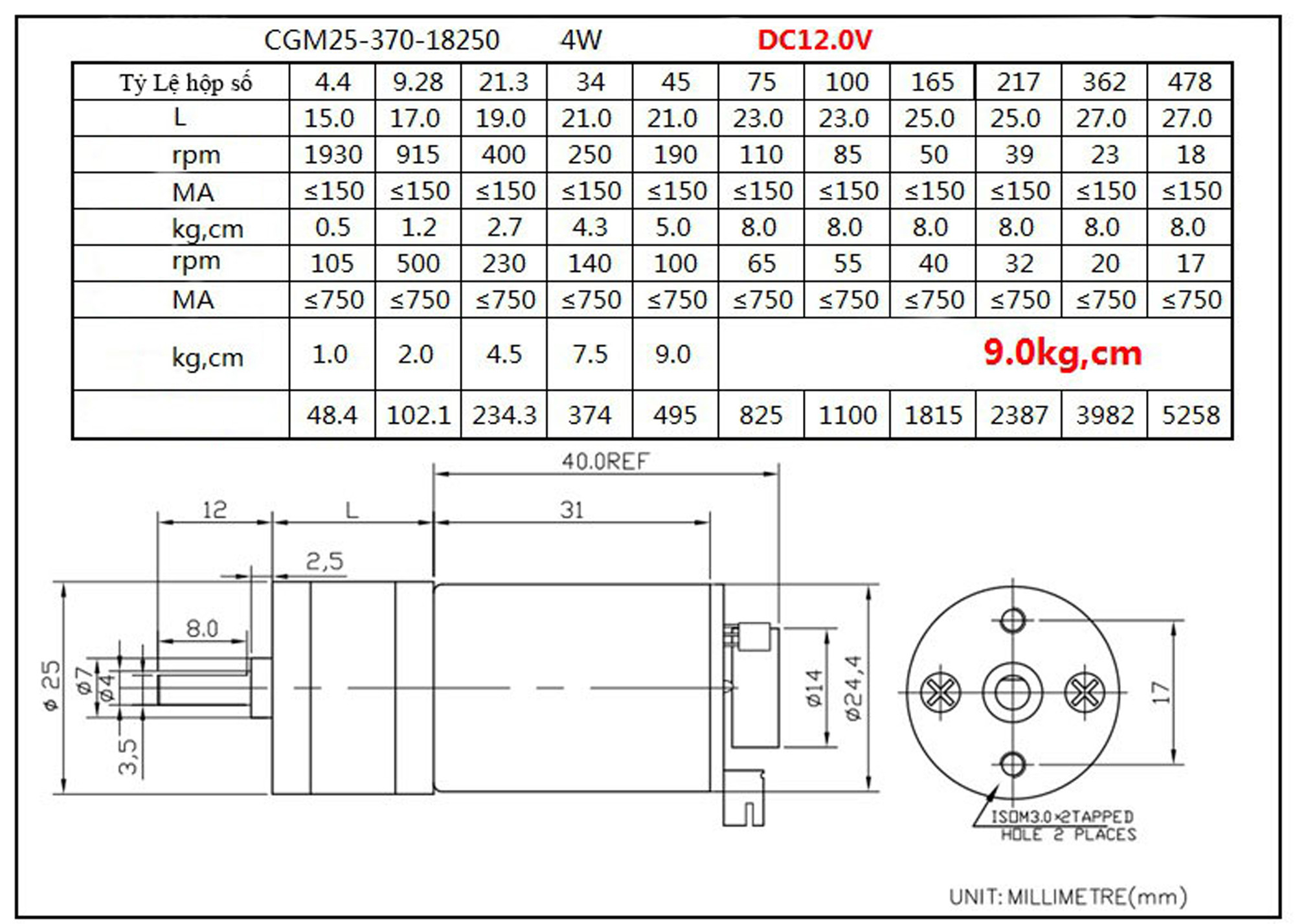 Sơ đồ kích thước tổng quan của động cơ DC giảm tốc GA25 Encoder giúp dễ dàng tích hợp vào dự án