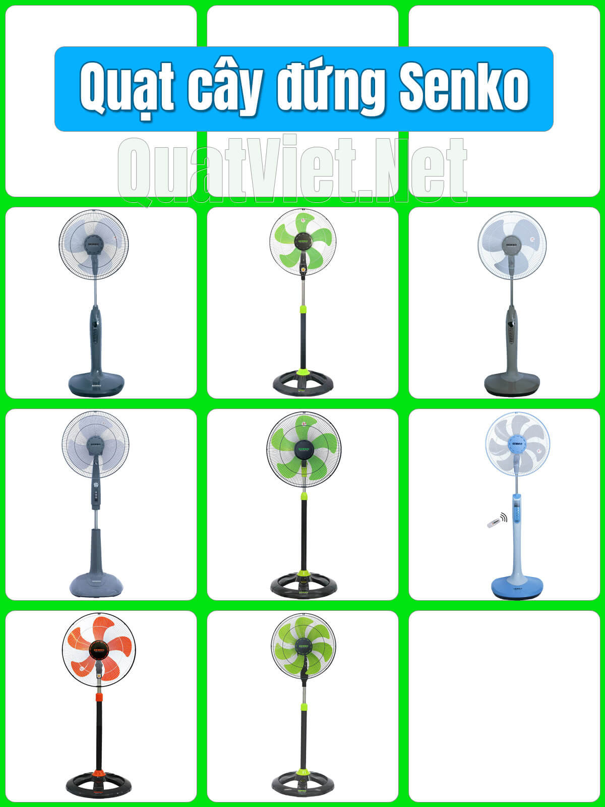 Quạt cây đứng Senko màu xanh dương, thiết kế thanh lịch, có thể điều chỉnh độ cao linh hoạt, mang lại làn gió mạnh mẽ