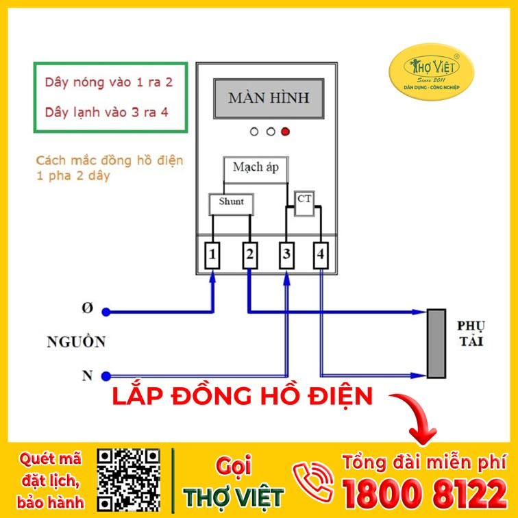 Sơ đồ đấu nối công tơ điện 1 pha với các cực vào ra