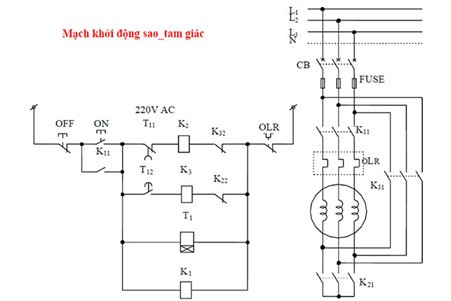 Sơ đồ cấu tạo mạch khởi động sao tam giác cho động cơ 3 pha