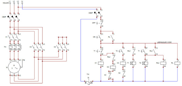 Sơ đồ mạch điều khiển khởi động sao tam giác tự động dùng Timer