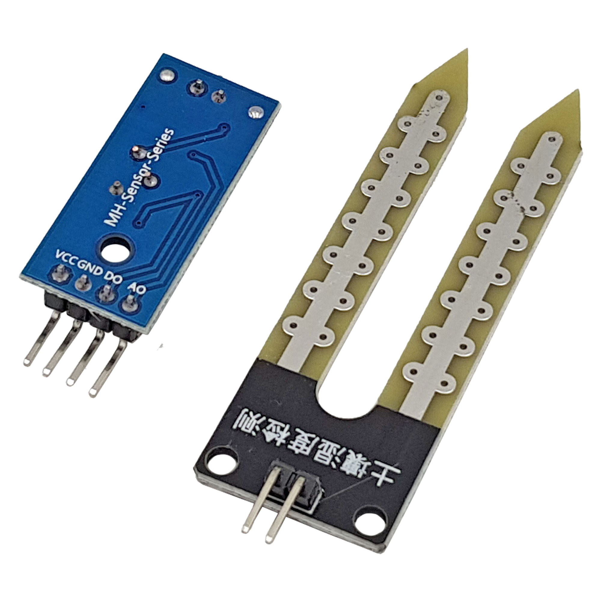 Cận cảnh đầu dò và module của cảm biến độ ẩm đất