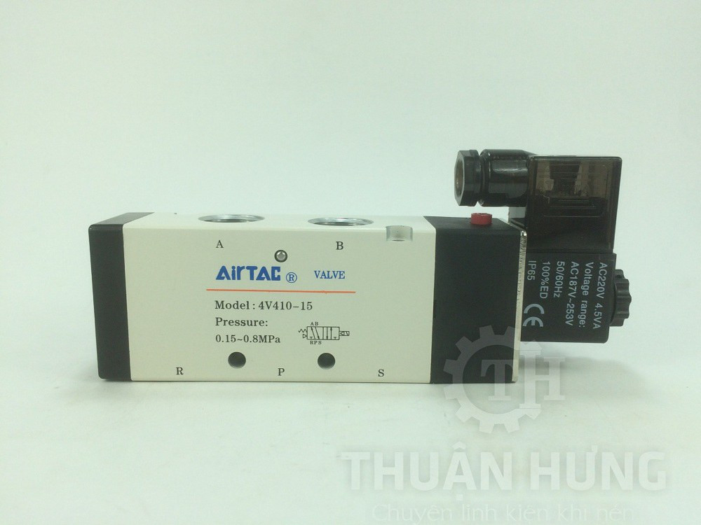 Mặt trước van điện từ khí nén AIRTAC 4V410-15 hiển thị thông số và cuộn hút 220V