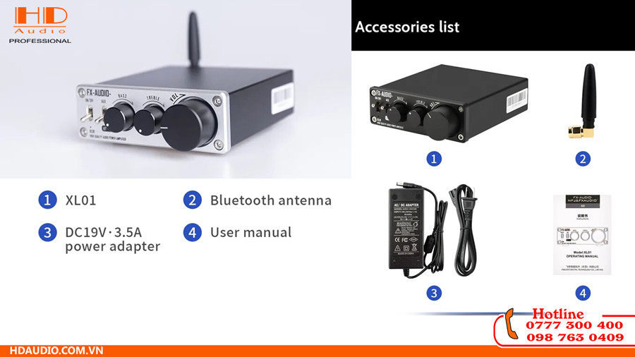 Bộ khuếch đại FX-Audio XL01 kết nối với loa bookshelf, tạo hệ thống âm thanh gia đình