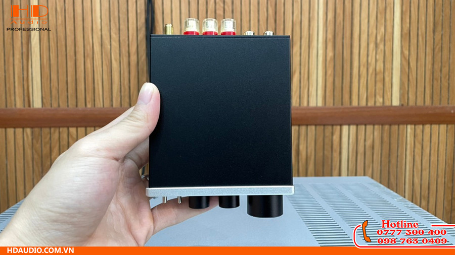 Góc cận cảnh cổng kết nối nguồn DC và đầu ra loa của FX-Audio XL01