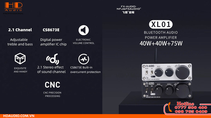 Bộ khuếch đại âm thanh Class D FX-Audio XL01 màu đen với núm điều chỉnh