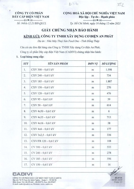 Giấy chứng nhận chất lượng sản phẩm dây điện Cadivi, đảm bảo an toàn cho hệ thống điện