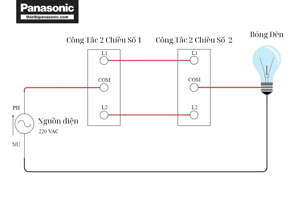 Sơ đồ mạch điện cầu thang thông dụng với 2 công tắc điều khiển 1 bóng đèn