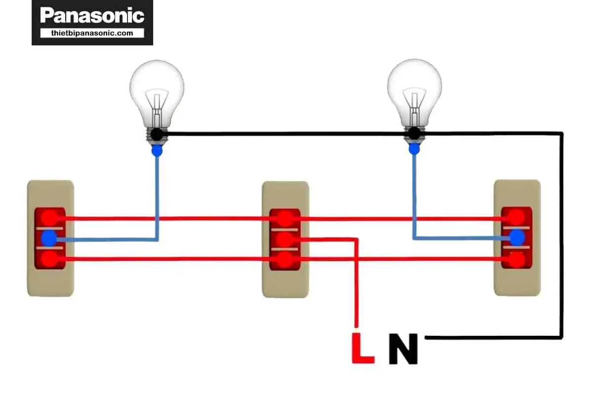 Sơ đồ mạch điện cầu thang sử dụng 3 công tắc (hai 3 cực, một 4 cực) điều khiển 2 bóng đèn