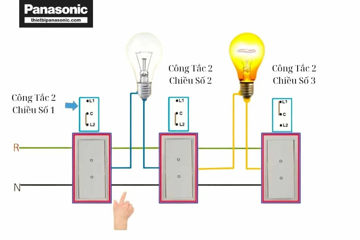 Chi tiết cách đấu nối mạch điện cầu thang 3 công tắc và 2 bóng đèn