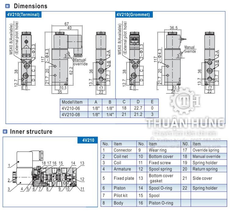 Bản vẽ kích thước chi tiết của van điện từ khí nén AIRTAC 4V210-08