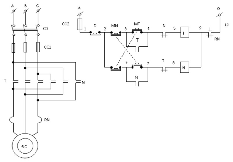Sơ đồ mạch điện điều khiển động cơ 3 pha đảo chiều quay dùng contactor kép