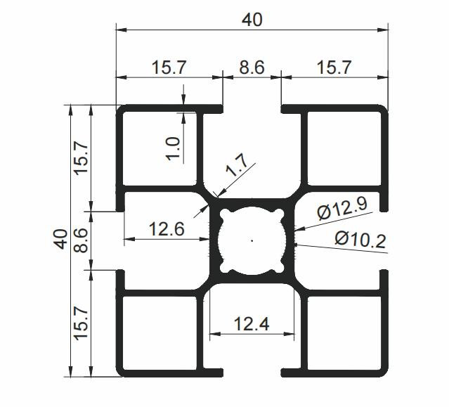 Bản vẽ thiết diện nhôm định hình 40x40 mã AL 404010, trọng lượng 4.51kg
