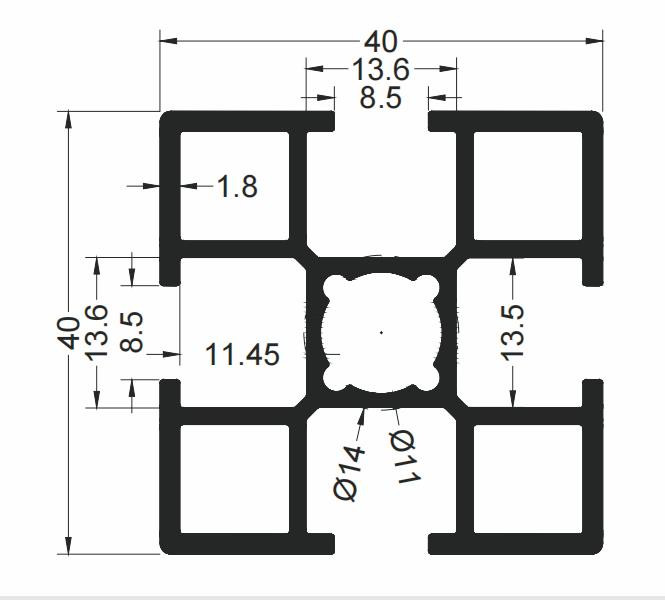 Bản vẽ chi tiết nhôm định hình 40x40 mã AL 404018, thể hiện độ dày thành nhôm