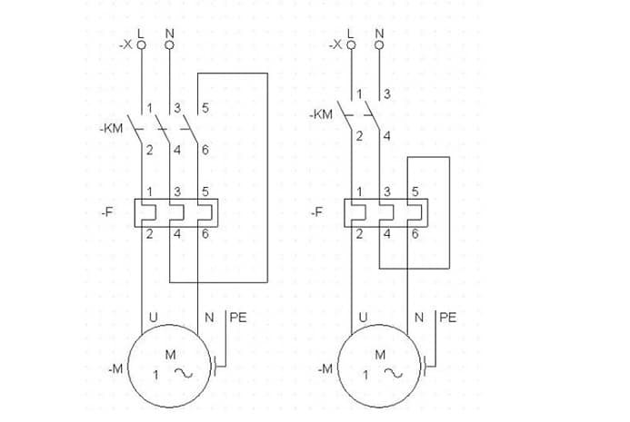 Sơ đồ chi tiết cách đấu rơ le nhiệt loại 3 pha cho hệ thống điện 1 pha sử dụng contactor