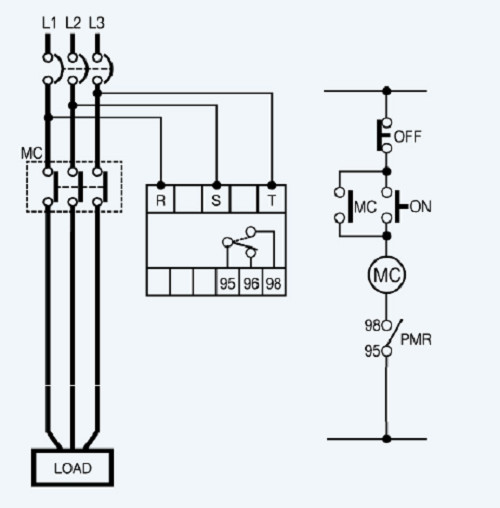 Sơ đồ mạch động lực và mạch điều khiển đấu rơ le nhiệt 3 pha với contactor