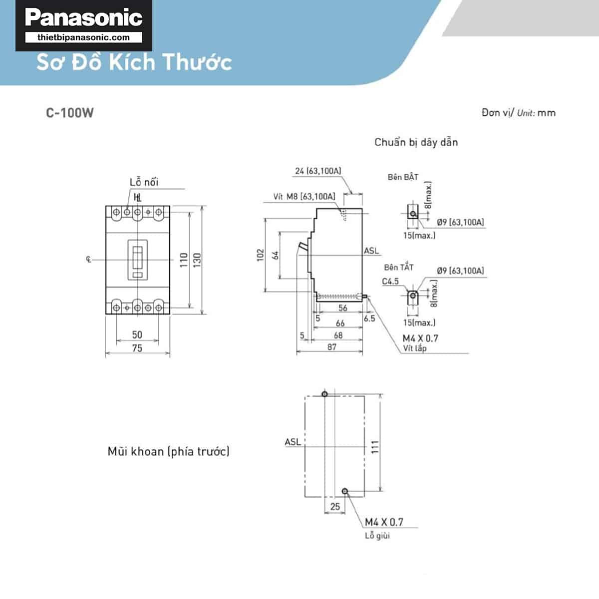 bản vẽ kích thước aptomat panasonic 100a 3 pha
