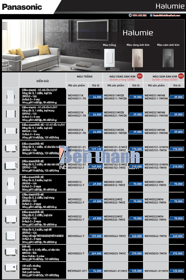 Bảng giá công tắc ổ cắm Panasonic dòng Halumie