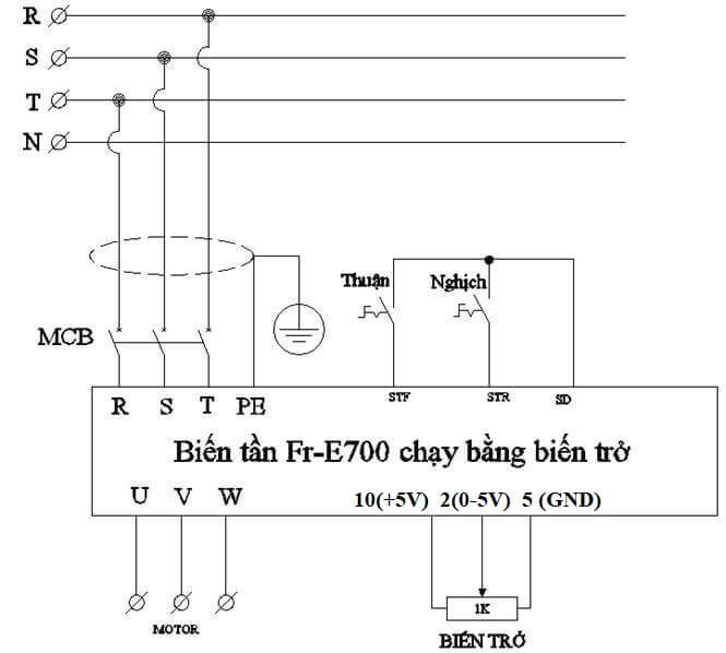Sơ đồ đấu nối biến tần Mitsubishi E700 để điều khiển bằng công tắc và biến trở ngoài