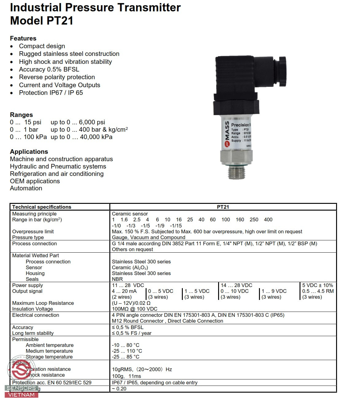 Cảm biến áp suất nước PT21 của hãng MASS