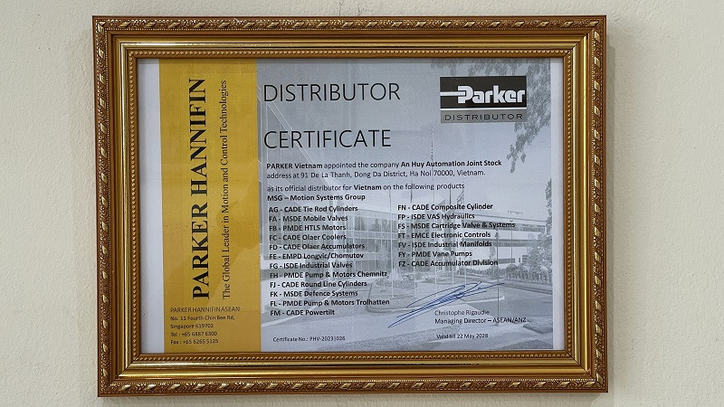 Chứng nhận phân phối sản phẩm Parker