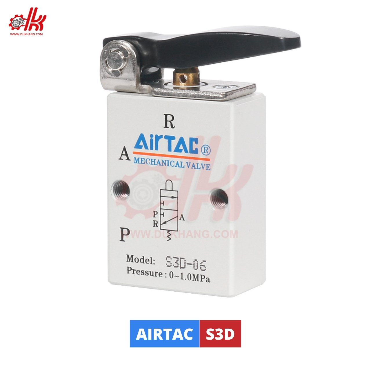 Cận cảnh công tắc khí nén AIRTAC S3D loại cần nhấn ngắn