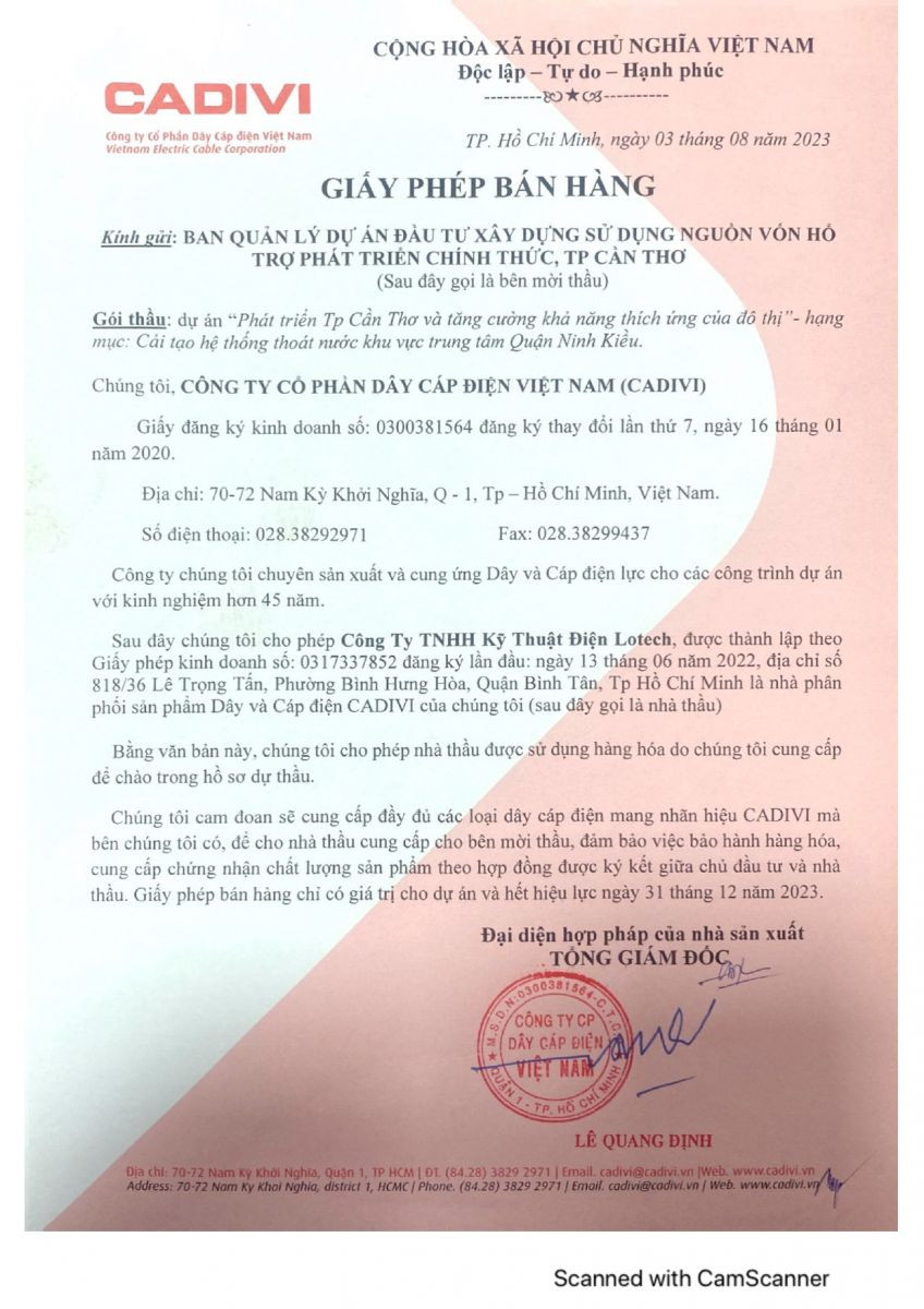 Giấy phép kinh doanh và phân phối sản phẩm dây điện CADIVI