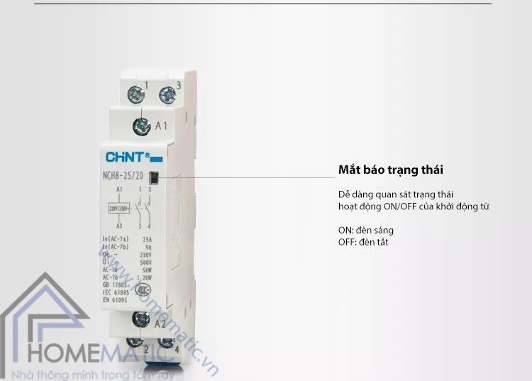 Thông số kỹ thuật của Khởi động từ 1 pha Chint NCH8 20A