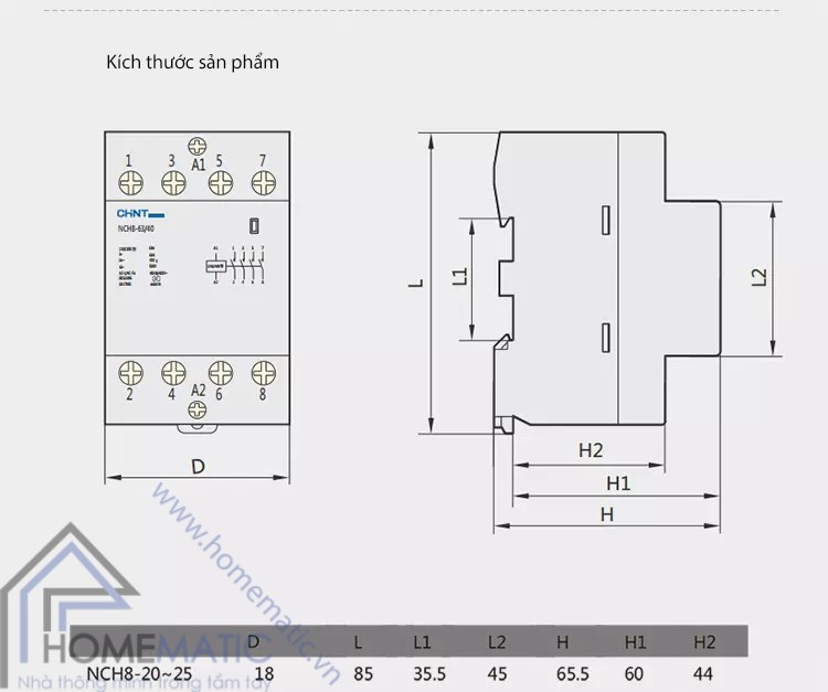 Kích thước tổng thể Khởi động từ Chint NCH8 25A