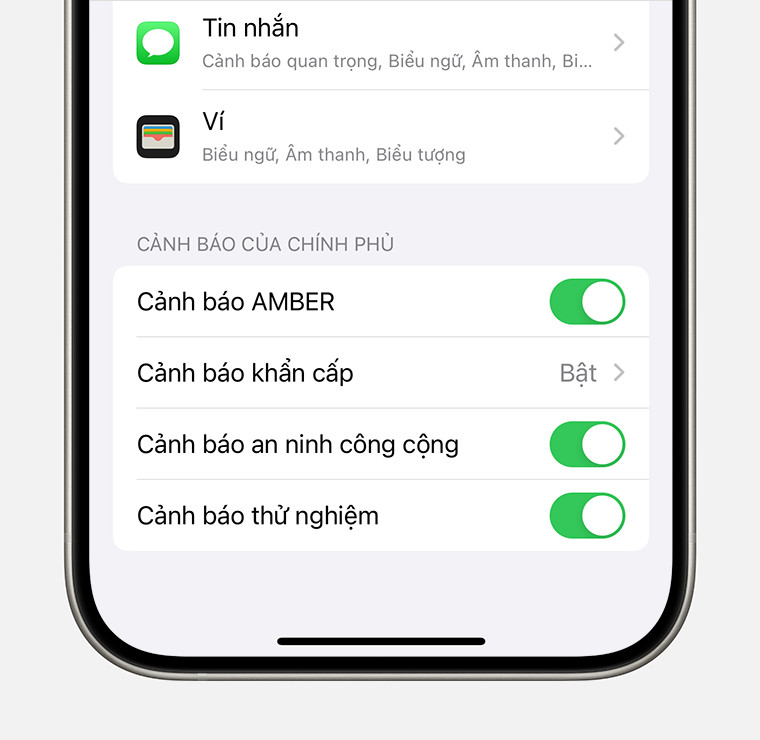 Cài đặt thông báo trên iPhone cho phép quản lý âm thanh cảnh báo khẩn cấp và cảnh báo của chính phủ