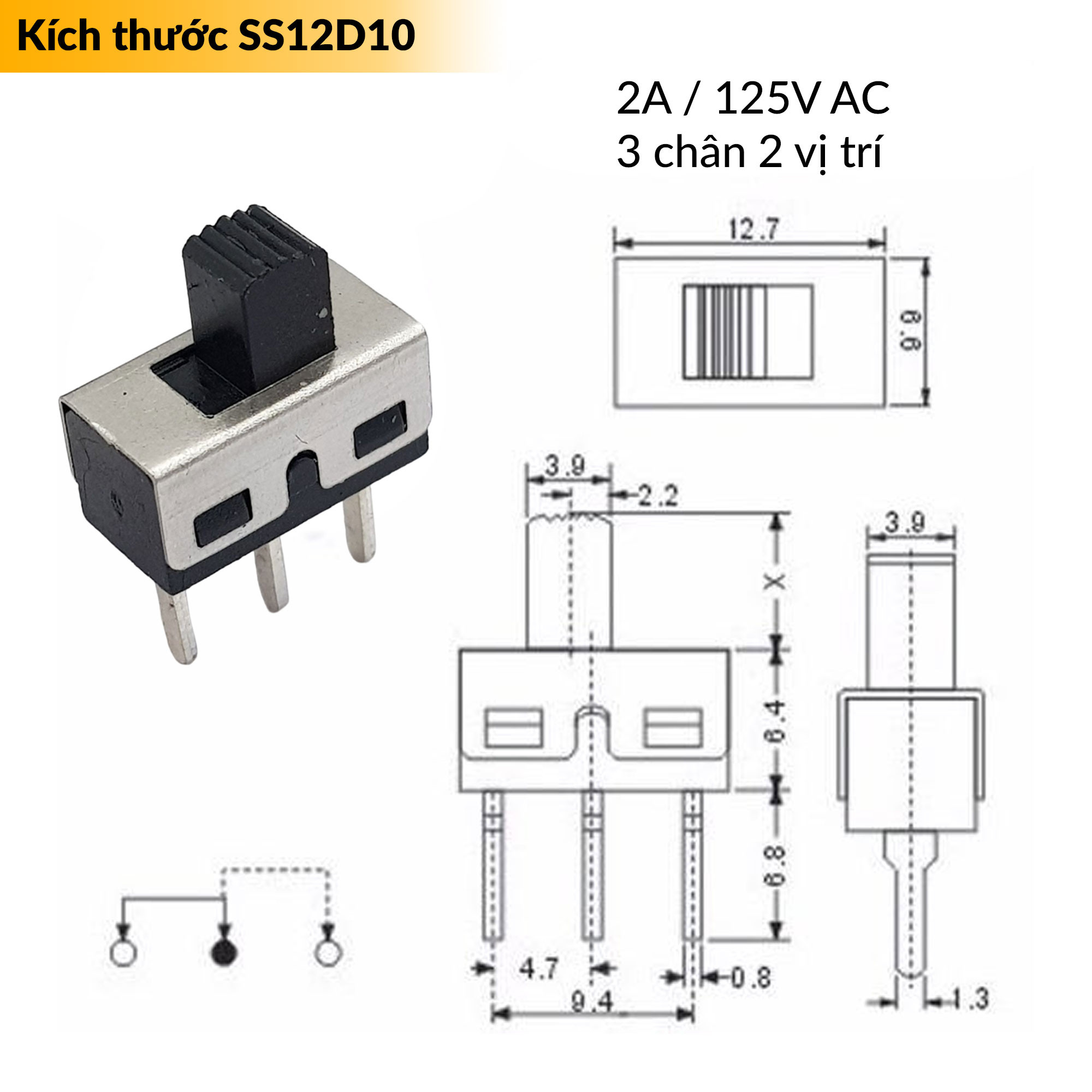 Bản vẽ kích thước công tắc gạt 2 vị trí chân thẳng dùng trên bo mạch