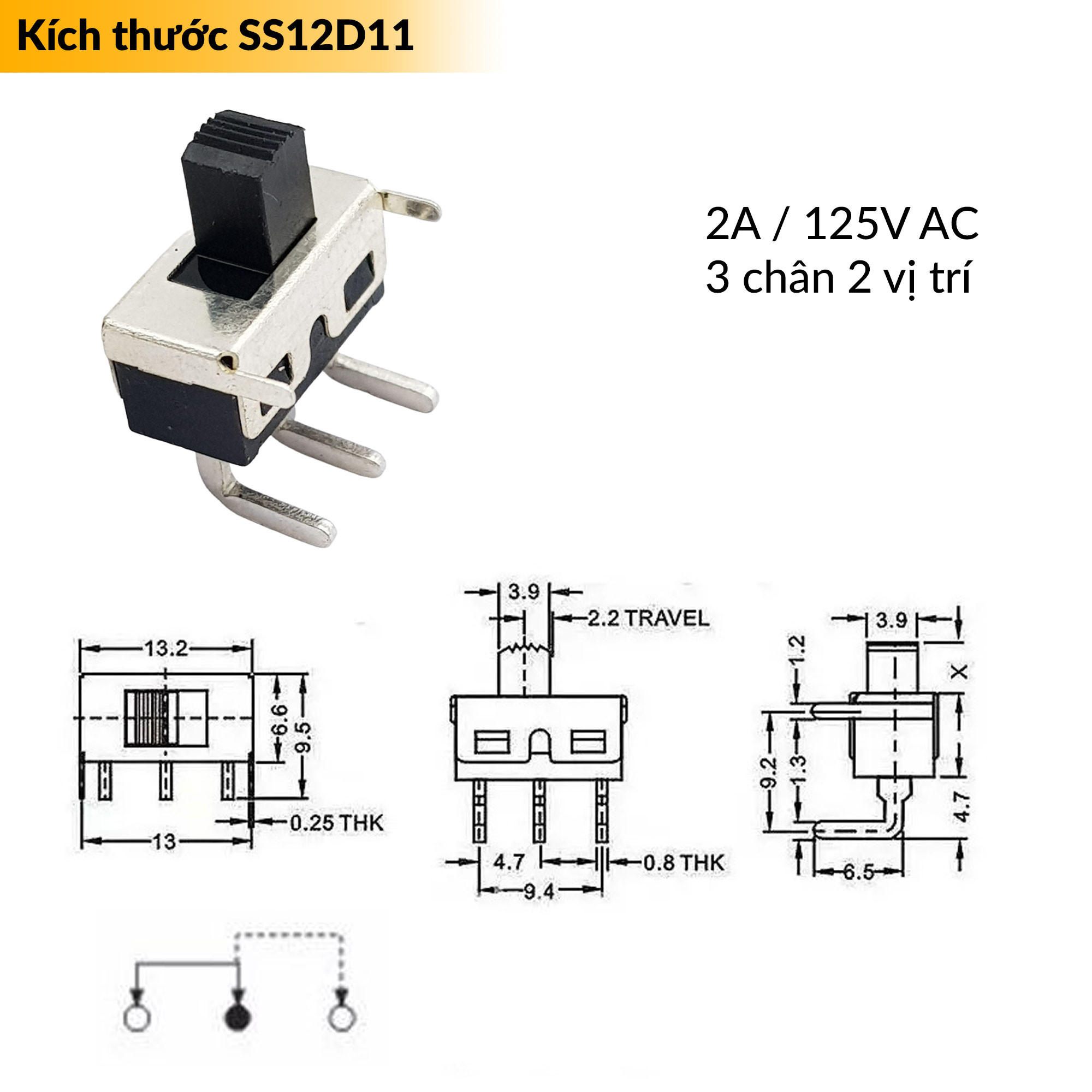 Kích thước chi tiết công tắc gạt 2 vị trí 3 chân loại chân cong cho mạch PCB