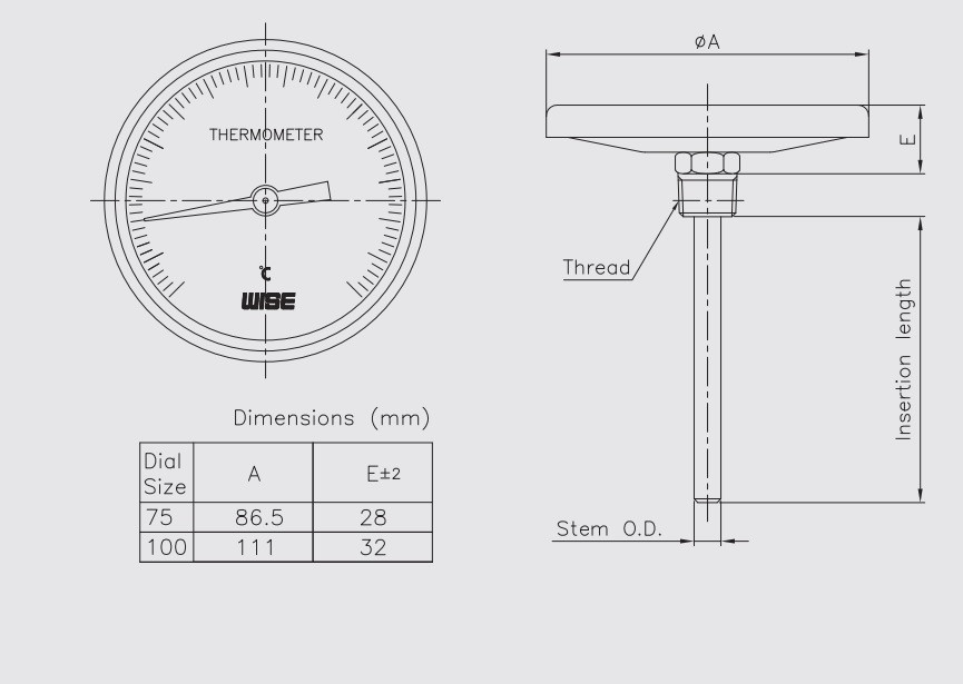 Kích thước đồng hồ đo nhiệt độ Wise T114