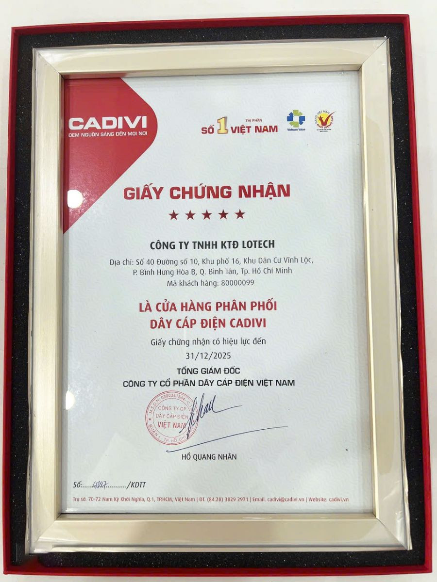 Chứng nhận đại lý phân phối dây cáp điện CADIVI chính hãng