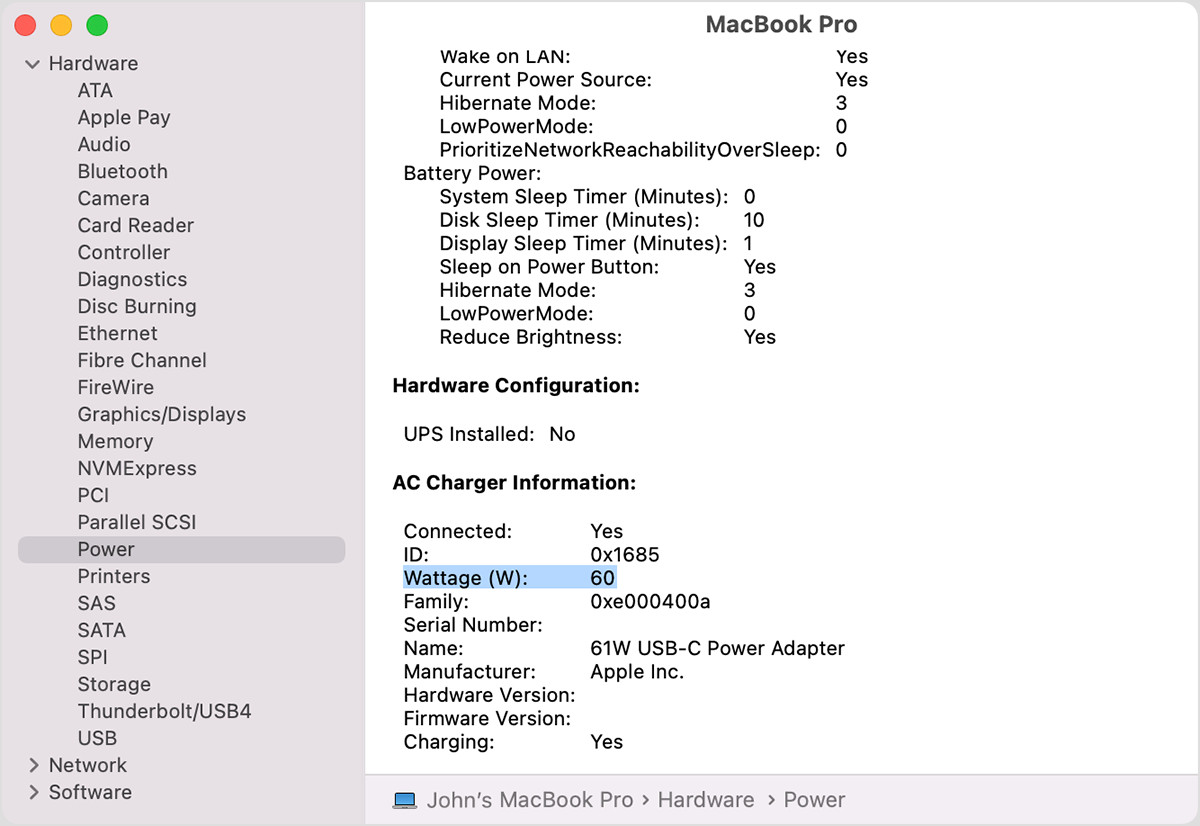 Kiểm tra thông tin nguồn điện và công suất bộ sạc trên macOS Monterey
