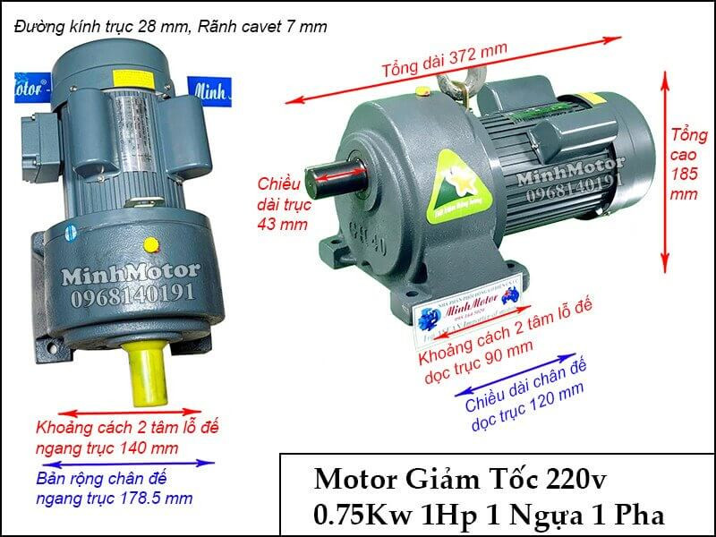 Động cơ giảm tốc 220V loại chân đế với các dải công suất và đường kính cốt trục khác nhau