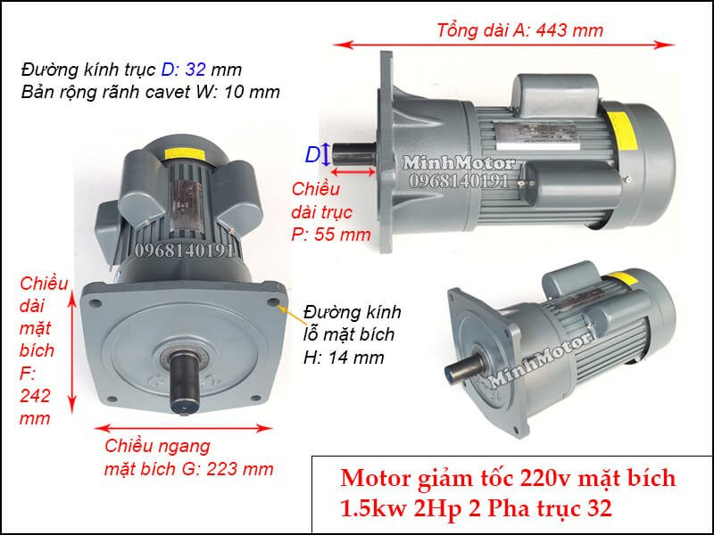 Động cơ giảm tốc 220V loại mặt bích tiện lợi cho việc lắp đặt, tích hợp tụ điện hỗ trợ vận hành