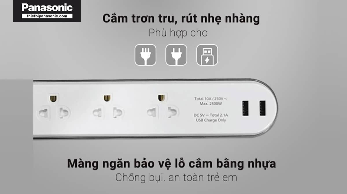 Ổ cắm điện đa năng Panasonic với màng che bảo vệ chống bụi và an toàn cho trẻ nhỏ