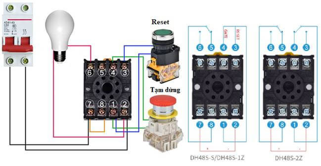 Sơ đồ đấu dây rơ le thời gian ON Delay (DH48S-S) điều khiển bóng đèn 220V