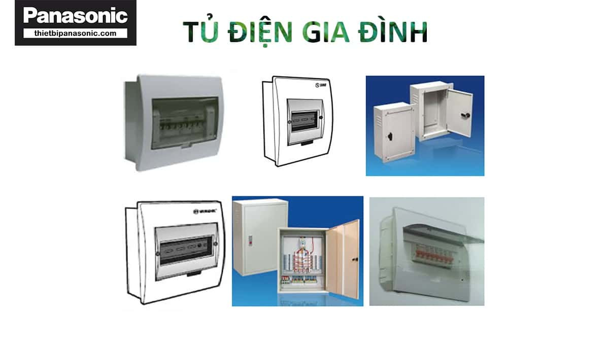 Hình ảnh mô tả một tủ điện tổng gia đình hiện đại với các thành phần bảo vệ bên trong.