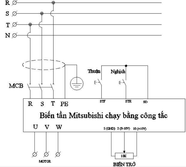 Sơ đồ đấu nối biến tần Mitsubishi D700 với công tắc và biến trở ngoài để điều khiển.