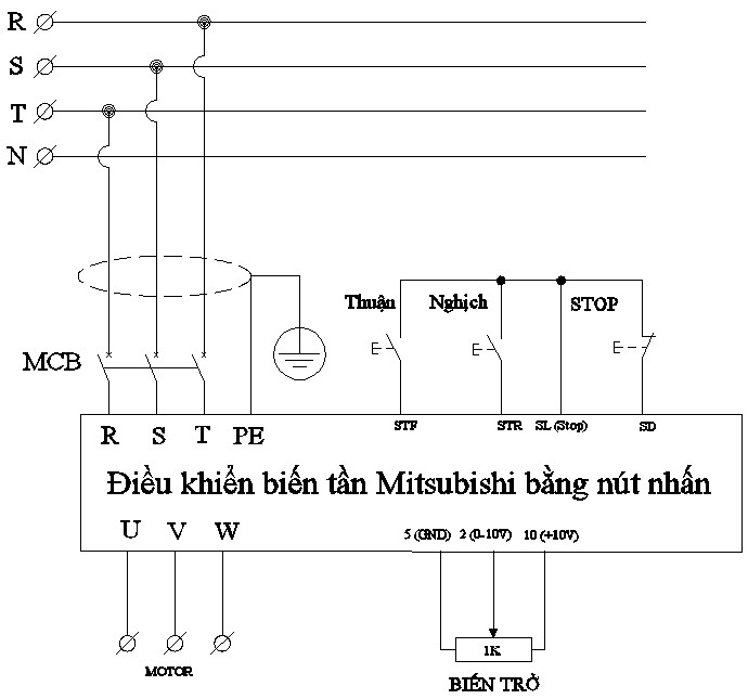 Sơ đồ đấu dây biến tần Mitsubishi D700 sử dụng nút nhấn và biến trở ngoài để điều khiển khởi động/dừng.