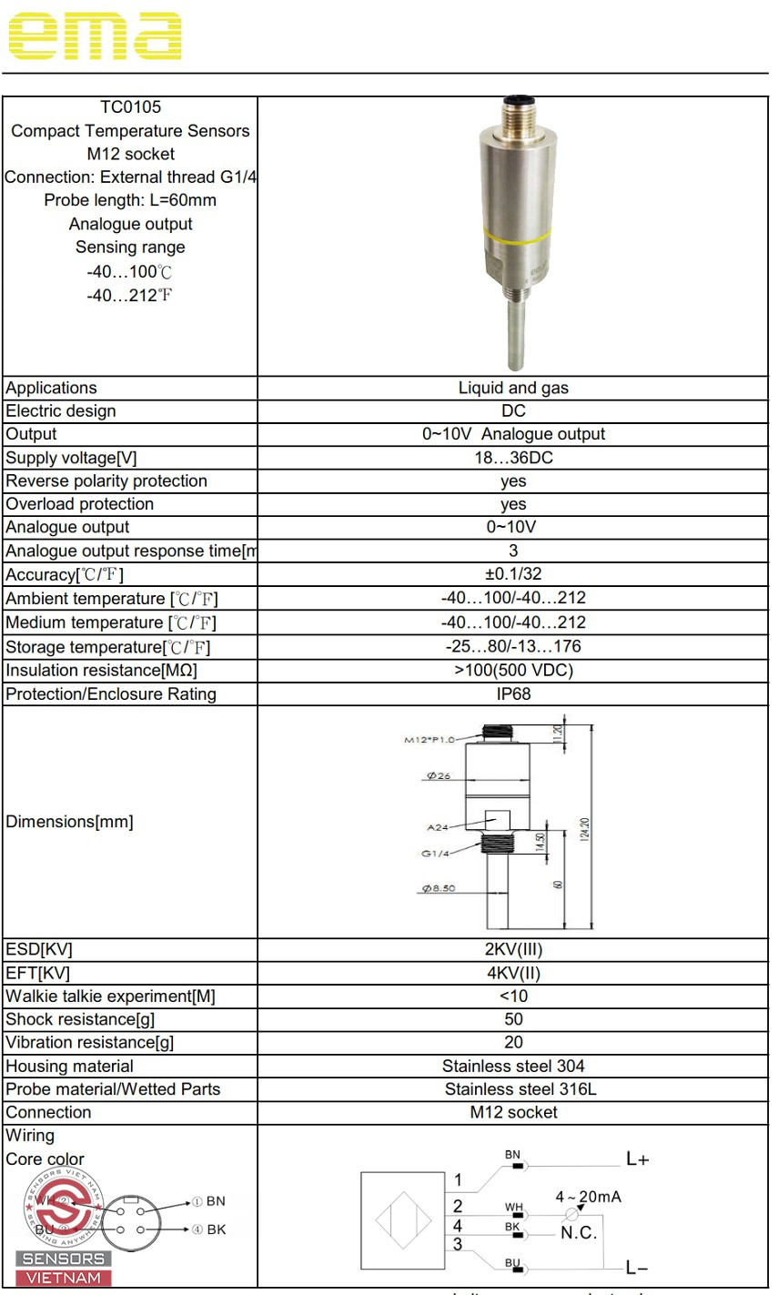 Cảm biến nhiệt độ nước EMA TC0105 chuyên dụng