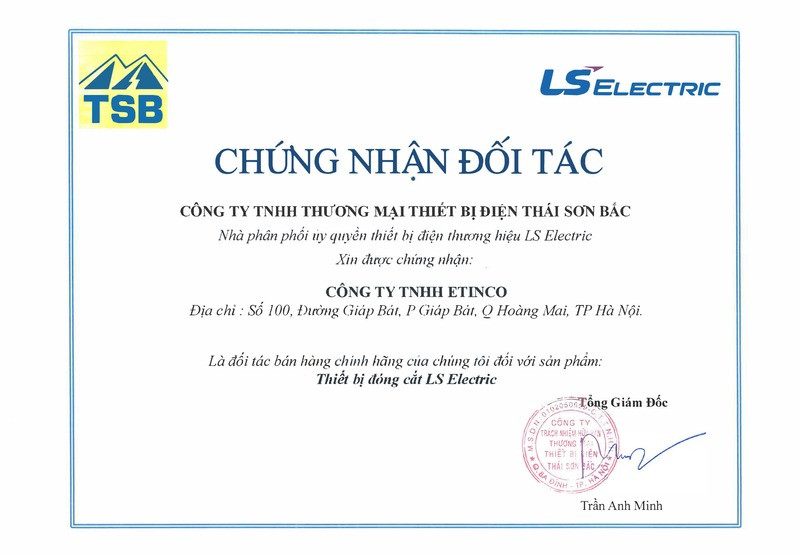 Giấy chứng nhận đại lý phân phối thiết bị đóng cắt LS Electric chính hãng của Linhkien283