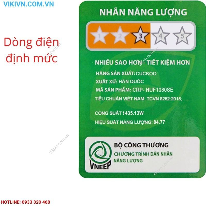 Nhãn năng lượng Bộ Công Thương ghi rõ dòng điện định mức trên thiết bị điện, giúp người dùng hiểu rõ công suất chịu tải