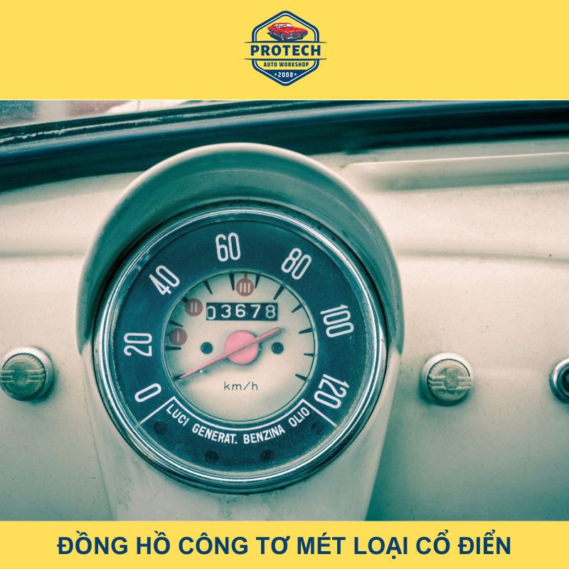 Đồng hồ công tơ mét loại cổ điển với kim chỉ tốc độ và quãng đường, minh họa cấu tạo cơ học