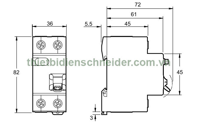 Sơ đồ kích thước chi tiết của CB chống giật Schneider 40A dòng Easy9 RCBO EZ9D34640
