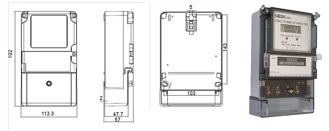 Kích thước chi tiết của công tơ điện tử 1 pha Emic CE-38