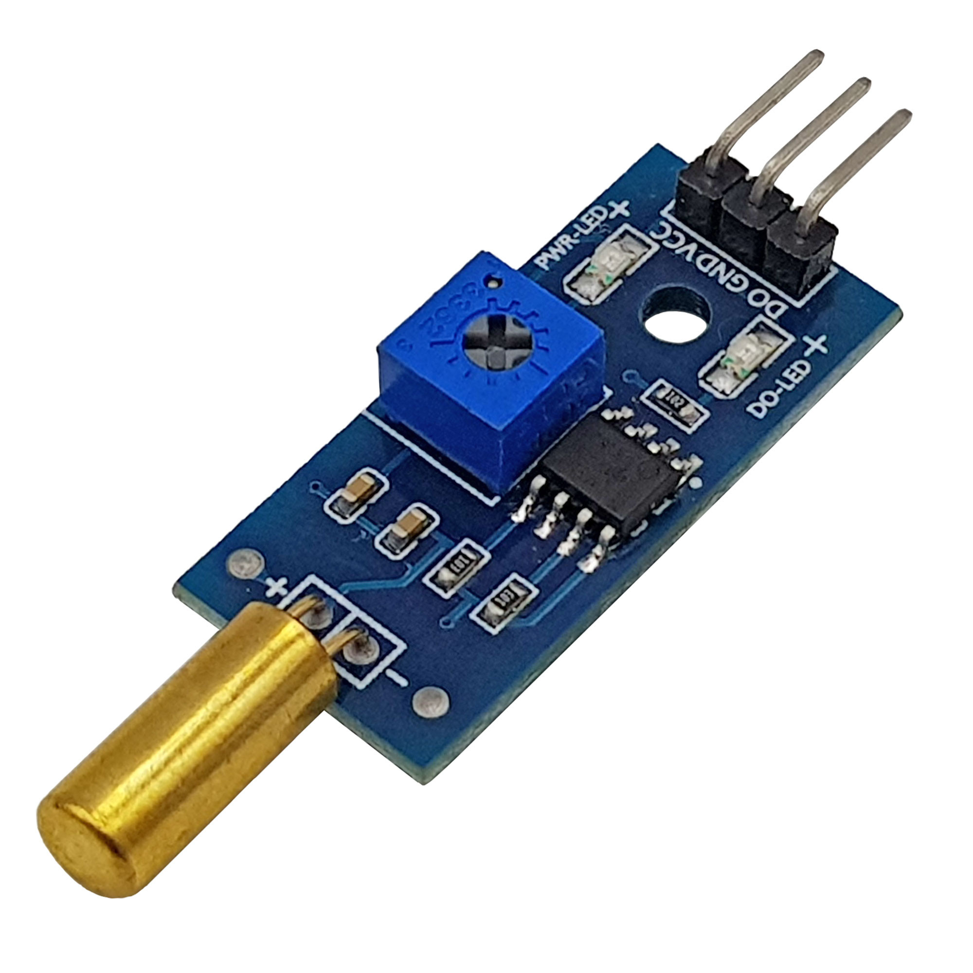 Cận cảnh cảm biến góc nghiêng SW-520 và IC so sánh LM393 trên mạch